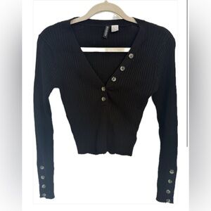 Divided by H&M Black Ribbed Button Detailed LS  Women's Top Size S